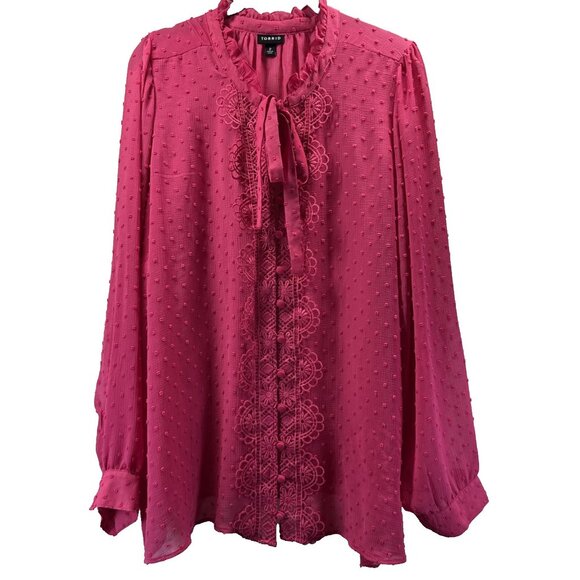 torrid Tops - Torrid Women's Swiss Dot Top 2X Solid Pink Semi Sheer Long Sleeve Button Up Tie